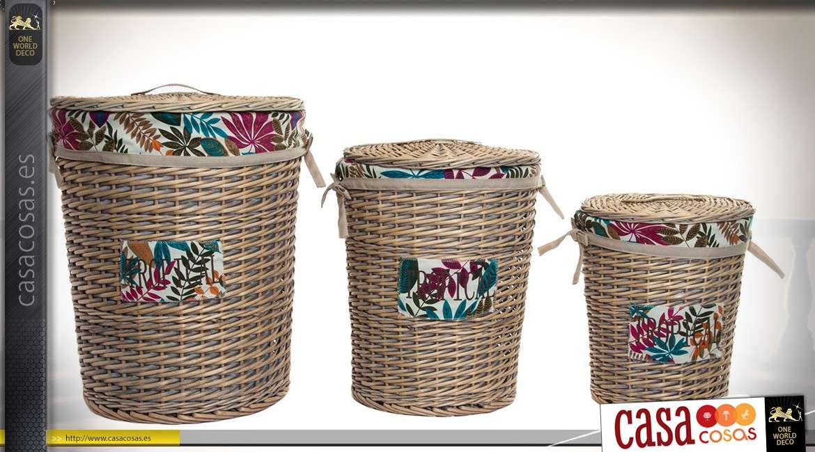 Serie de tres cestas de ropa cilíndricas de anidación en mimbre natural Ø 46 cm