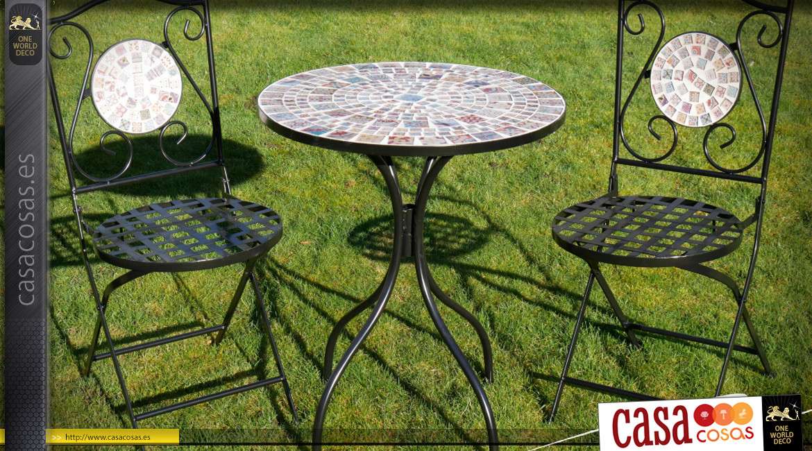 Muebles de jardín de hierro forjado y metal 1 mesa 2 sillas en negro y mosaico