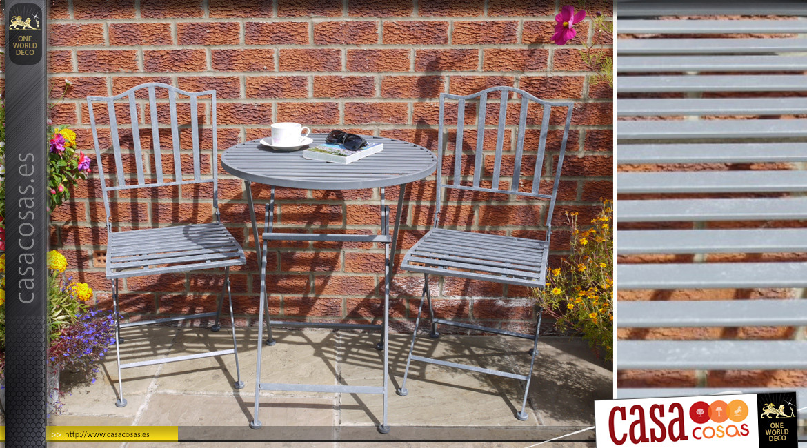 Conjunto de jardín para 2 personas en metal acabado gris envejecido, mesa redonda y sillas efecto bar, Ø60cm