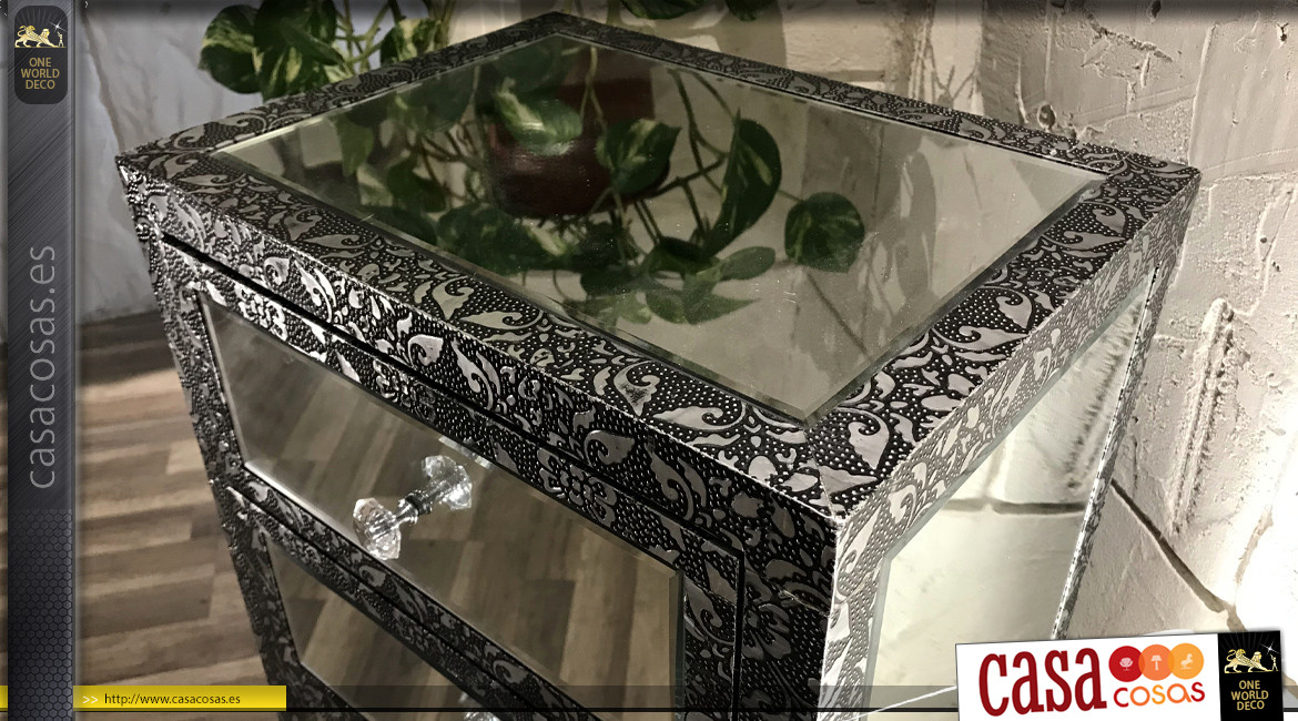 Chifonier 6 cajones estilo marroquí acabado negro y plata con espejos, 107cm