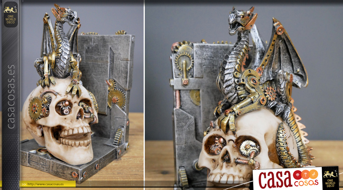 Par de sujetalibros de estilo gótico-steampunk con representaciones de cráneos humanos y dragones, 20cm