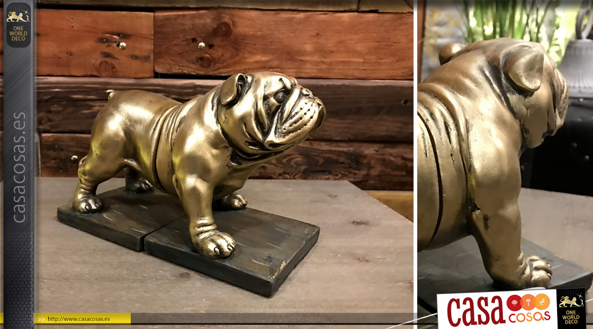 Par de sujetalibros originales de resina en forma de bulldog cortado por la mitad, espíritu de magia, acabado oro viejo, 24cm