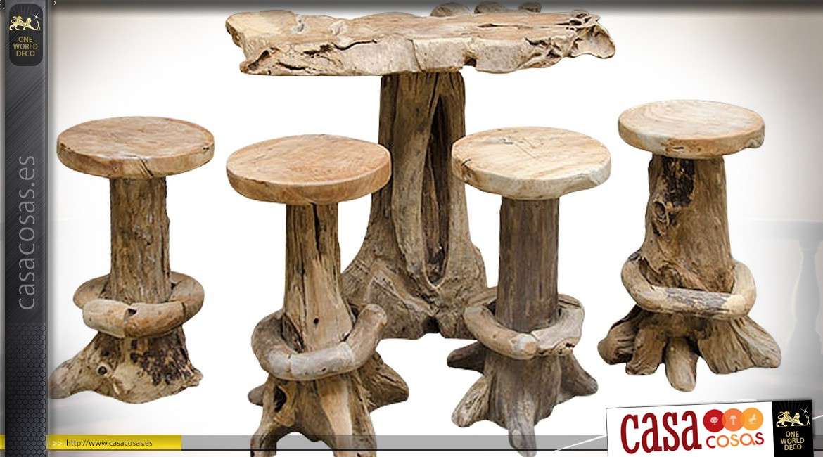 Mesa de bar con 4 taburetes en raíz de teca cruda tallada a mano