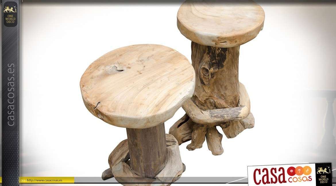 Mesa de bar con 4 taburetes en raíz de teca cruda tallada a mano