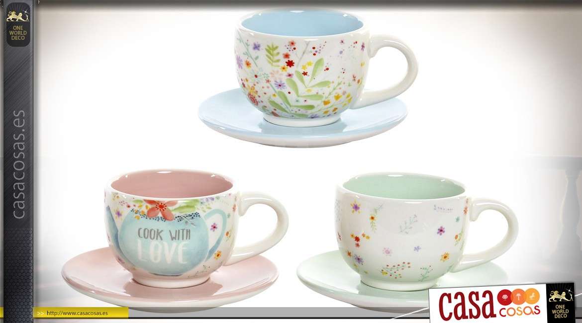 Conjunto de seis tazas y platillos de café en estilo retro y romántico.