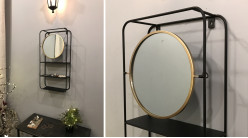 Estante de baño de metal y espejo redondo inclinable, ambiente moderno y elegante, 65 cm