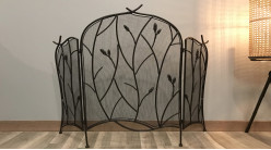 Salvachispas de metal de tres lados, ambiente de hierro forjado con acabado en negro carbón, motivos vegetales, 115 cm abierto