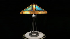 Lámpara Tiffany grande, Tierras Azules, con pie geométrico efecto trípode, Ø61cm / 73cm