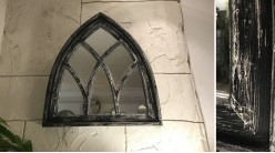 Espejo catedral de madera acabado carbón envejecido, estilo arco, 62cm