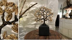 Representación de un árbol de metal montado sobre una base, acabado carbón y cobre, atmósfera natural de trofeo, 31cm