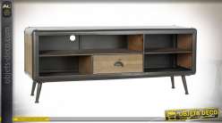 Mueble TV en madera de abeto acabado crudo y metal acero antracita, estilo industrial moderno, remaches visibles, 140cm