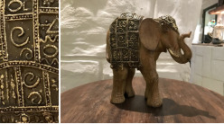 Estatuilla de elefante de resina, escultura espiritu india, acabado dorado y marrón oscuro, 17,5 cm