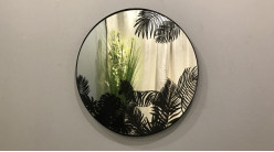 Espejo redondo en metal acabado negro con motivos impresos atmósfera tropicalo'chic, Ø40cm