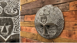 Decoración de pared en madera maciza de suar, máscara africana tallada, acabado blanqueado, Ø43cm