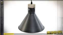 Lámpara colgante de madera y metal con acabado negro mate, forma moderna de campana, 105cm