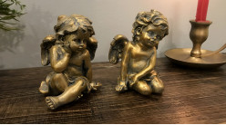 Serie de dos pequeñas estatuillas de ángel con efecto envejecido acabado dorado, 12cm