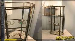 Vitrina de mesa en metal y vidrio, acabado latón antiguo, 3 niveles con puerta, para joyas o piedras preciosas