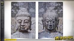 Serie de dos grandes biombos en lienzo y madera de abeto, motivos de Buda meditativo sobre fondos de flores tropicales, 180 cm