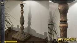 Pie de lámpara de madera torneada, base cuadrada, acabado de madera efecto cepillado envejecido con reflejos claros, 52cm