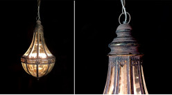 Lámpara colgante moderna en metal y vidrio, forma de candelabro de globo en acabado marrón con reflejos dorados, 67cm
