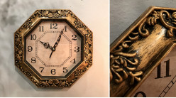 Reloj de pared octogonal, acabado negro carbón y bronce cobre, ambiente retro vintage, Ø23cm