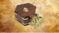 Reproducción de sextante de bolsillo en latón dorado con caja de madera maciza, 7cm