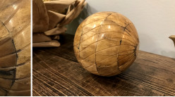 Serie de 2 bolas decorativas en hueso, blanco y acabado madera vieja, Ø10cm