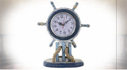 Reloj de mesa de madera con forma de timón de barco, acabado azul desgastado, 30 cm