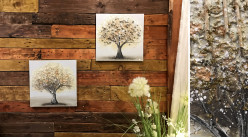 Serie de 2 cuadros cuadrados en madera y lienzo, representaciones de árboles en relieve, 40cm