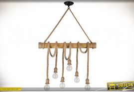 Lámpara colgante rústica en madera y cuerda con seis puntos de luz 96 cm