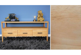 Mueble TV moderno y epurado de madera de caucho clara y tapa de cristal ahumado negro, 3 cajones, 120 cm