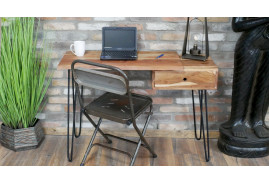 Mesa auxiliar de madera muy texturizado, patas de horquilla de metal con acabado carbón negro, 110 cm