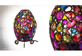 Lámpara de mesa en metal y acrílico, ambiente oriental multicolor, forma de huevo sobre pies, 24cm