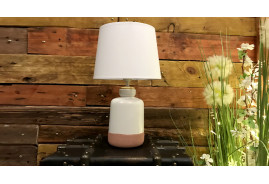 Lámpara de mesa de gres, acabado marfil y coral, pantalla de lino, 42cm