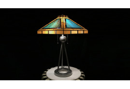 Lámpara Tiffany grande, Tierras Azules, con pie geométrico efecto trípode, Ø61cm / 73cm