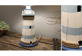 Lámpara de sobremesa grande de madera en forma de faro marino, acabado azul viejo y blanco envejecido, 56cm