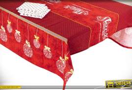 Mantel grande de algodón con motivos navideños, ambiente festivo rojo, 250x150cm