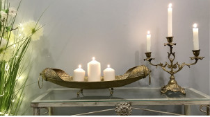 Centro de mesa en metal acabado oro envejecido, forma de barco con anillas, 57cm