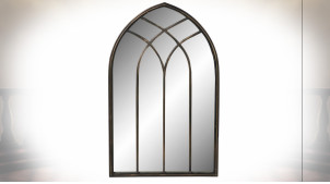 Espejo de metal con forma de ventana, forma ojiva, acabado negro envejecido, 77cm