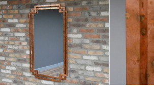 Espejo de pared grande de metal acabado cobre viejo, efecto geométrico con doble marco, 116cm