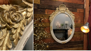 Espejo de madera y resina de estilo barroco, concha frontal y adornos laterales acabado oro envejecido, 94cm