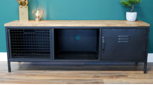 Mueble TV de mango y metal negro carbón, ambiente industrial con cajón de rejilla, 160 cm