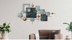 Decoración de pared geométrica, tonos azul dorado, metal texturizado y brillante, 90cm