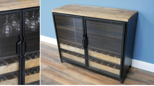 Mueble bar de mango y metal negro antracita, almacenaje para vasos y botelleros, 100cm
