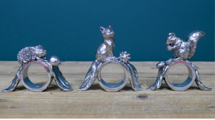 Set de 3 servilleteros de resina con miniaturas de animales, acabado plata brillo