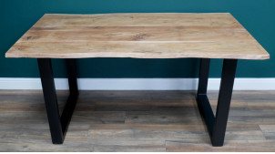 Gran mesa de comedor de acacia maciza y patas de acero negro, 180 cm