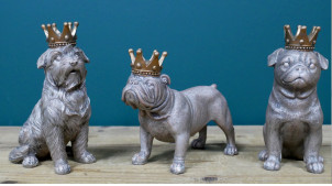 Serie de 3 perros en resina acabado plata efecto envejecido, tres cabezas coronadas, 16cm