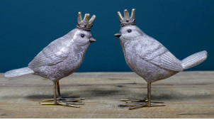 Conjunto de 2 pájaros en resina y metal acabado plata envejecida, con coronas, 13cm
