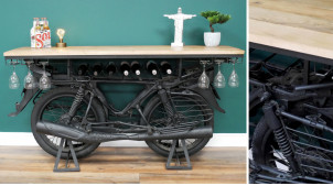 Mueble bar de metal envejecido y madera de mango, motocicleta desviada con ranuras para vasos y botellas, 168 cm