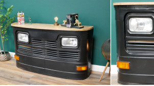 Mueble bar al estilo de la parte delantera de un camión Tata Motors, con intermitentes y faros, acabado negro envejecido y tapa de madera, 160cm